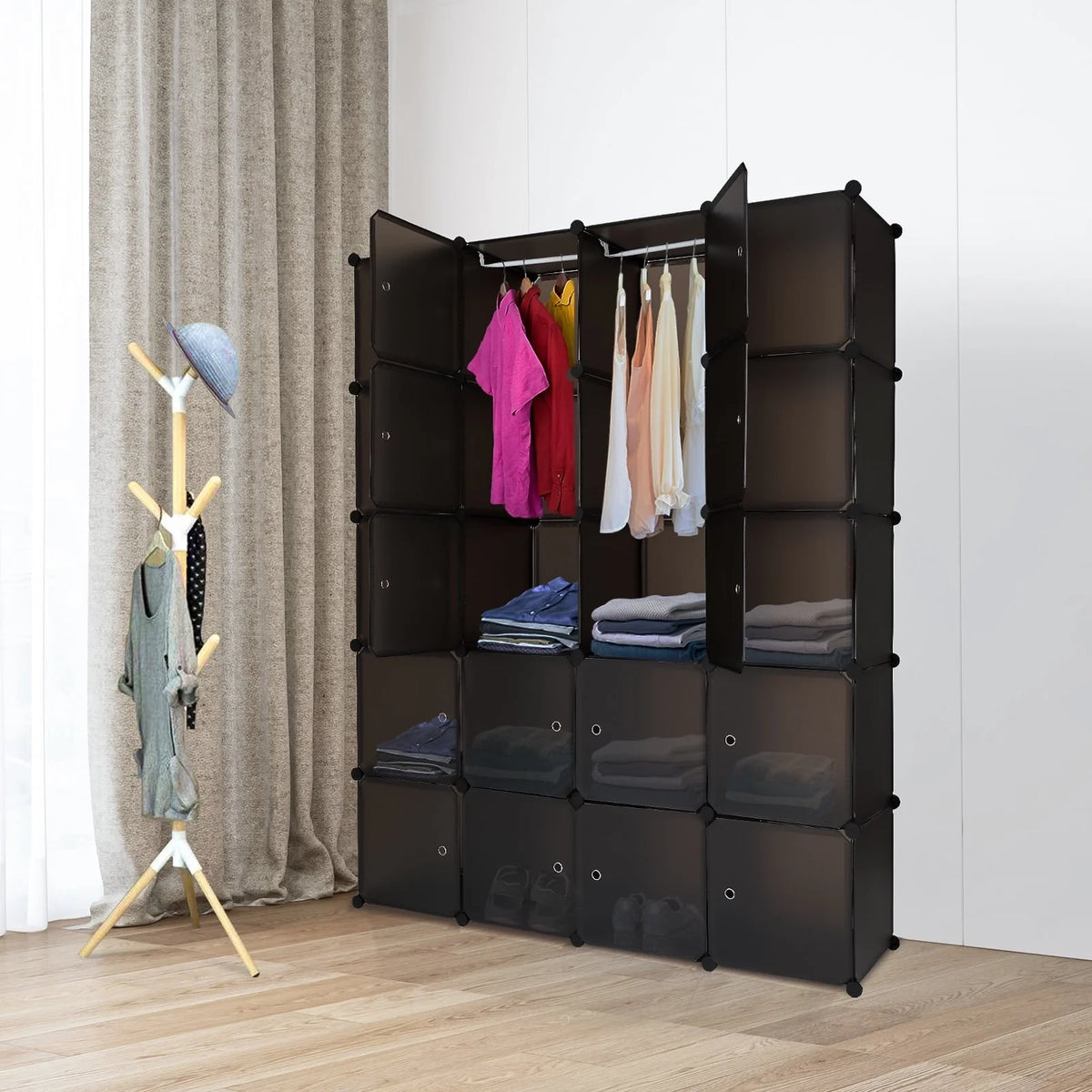 20 Cube Organizer Stackable, Plastic Portable Closet Wardrobe with Hanging Rod, Storage Organizer Cube for Hanging Clothes, Bedroom Armoire, Strong and Durable, Brown