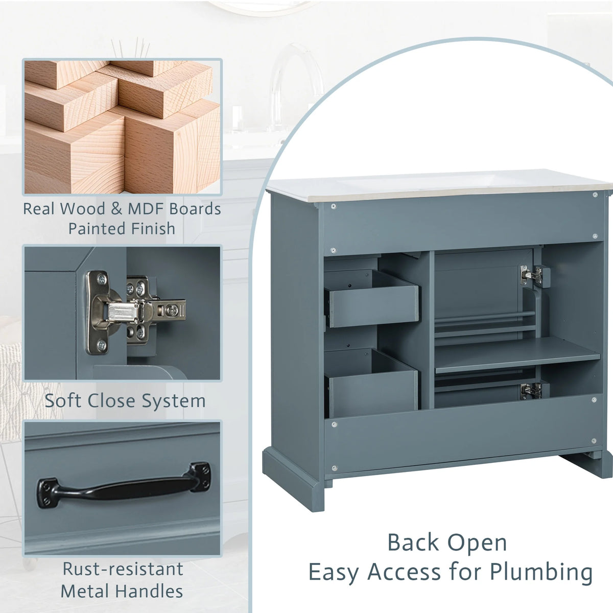 Christopher Knight Home 36" Bathroom Vanity with Sink, Tip-out Drawers, Soft-Close Doors, Grey
