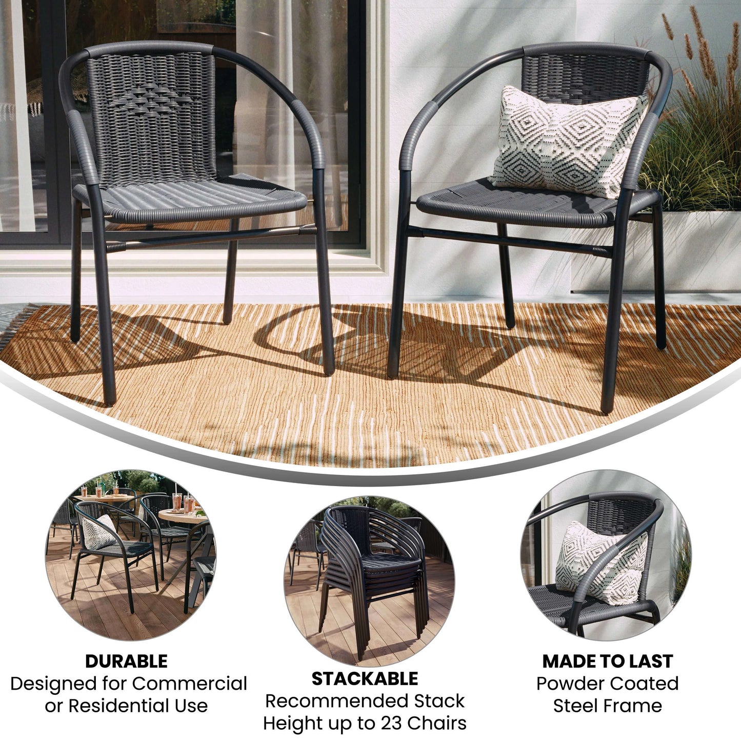 Emma + Oliver Indoor/Outdoor Stacking Rattan Restaurant Patio Chairs, Set of 2, Gray