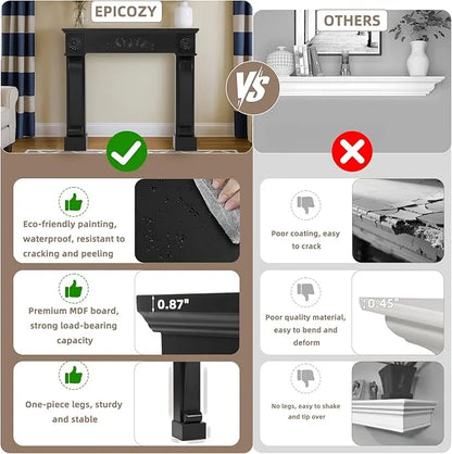 EPICOZY 44.5" Fireplace Mantel, Freestanding Fireplace Surround with Leg for Electric Fireplaces, MDF Mantel Surround with Shelf for Living Room with Decorative Pattern, Anti-Tipping & Waterproof
