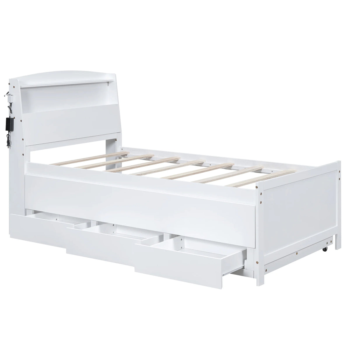 Euroco Wood Twin Size Platform Bed with Storage Headboard, Drawers Trundle and LED Light, White