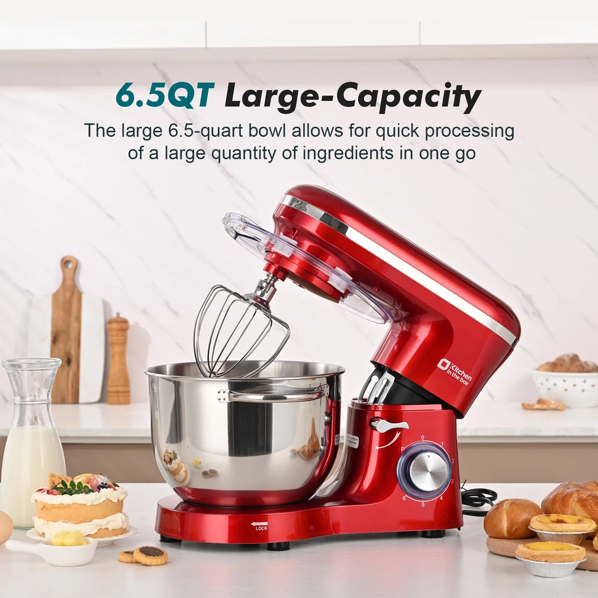 Kitchen in the box Tilt-Head Stand Mixer, Electric Kitchen Mixer with 6.5QT Stainless Steel Bowl, 660W Food Mixer with 6-Speed, Black