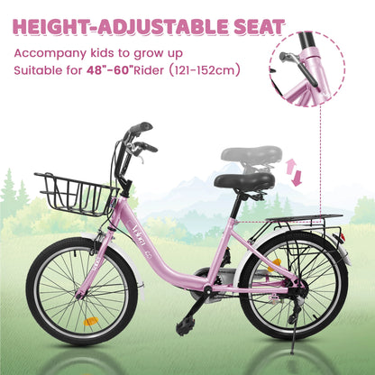 20 Inch Kids Bike for Boys Girls, 1 Speed Children Bicycle with Basket, Rear Seat, Chain Guard, Coaster Brake and V-Brake, Steel Frame Kids Bike for Ages 6-12 Years Old Birthday Gift, Purple