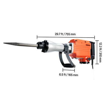 KFFKFF Demolition Jack Hammer, 2200W 1400 BPM Concrete Shattering Drill, Robust Electric Power Drill with 6 Chisel Attachments and Gloves, Front Handle