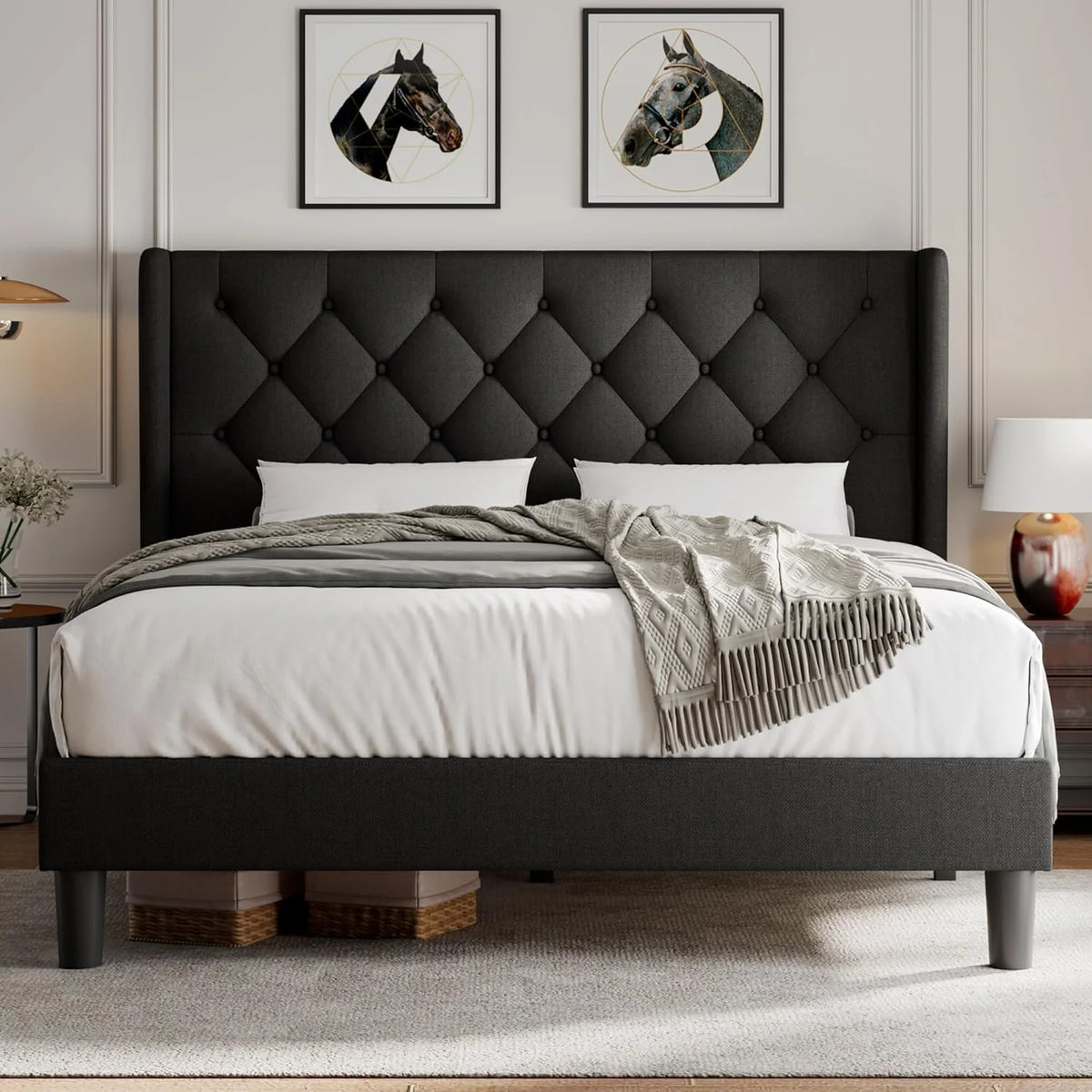 iPormis Full Size Bed Frame with Diamond Button Tufted Wingback Headboard, Upholstered Platform Bed Frame with Strong Wood Slat Support, No Box Spring Needed,Black