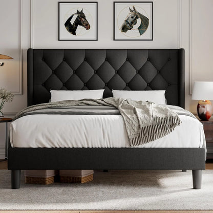 iPormis Full Size Bed Frame with Diamond Button Tufted Wingback Headboard, Upholstered Platform Bed Frame with Strong Wood Slat Support, No Box Spring Needed,Black