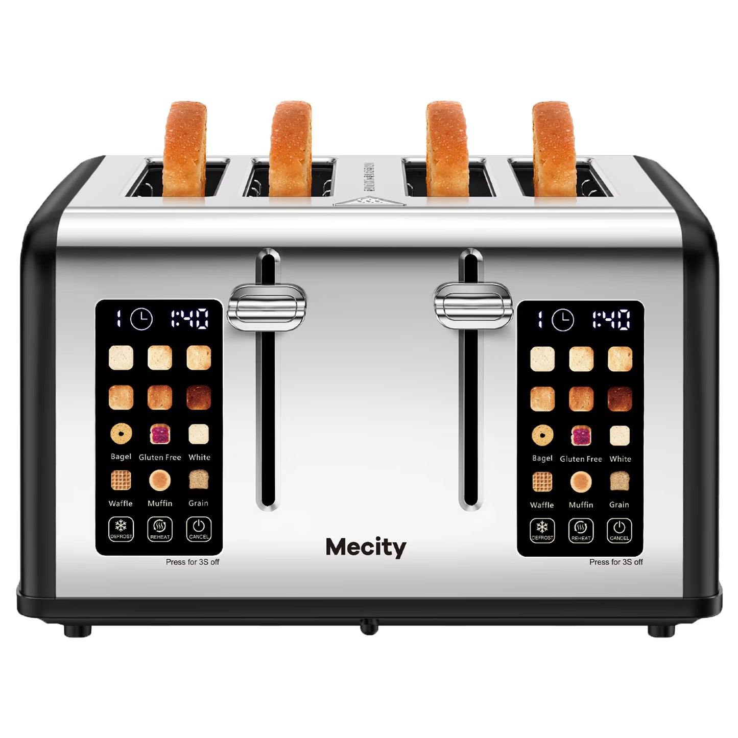 Mecity 4-Slice Touchscreen Toaster, Stainless Steel, 6 Browning Settings, Reheat, Cancel, Defrost, Removable Tray