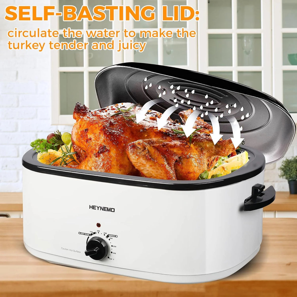 18 Quart Electric Roaster Oven, Turkey Roaster Electric, Roaster Oven Buffet, Selfbasting Lid, Removable Pan, Full-Range Temperature Control Cool-Touch Handles, White Body, Black Lid