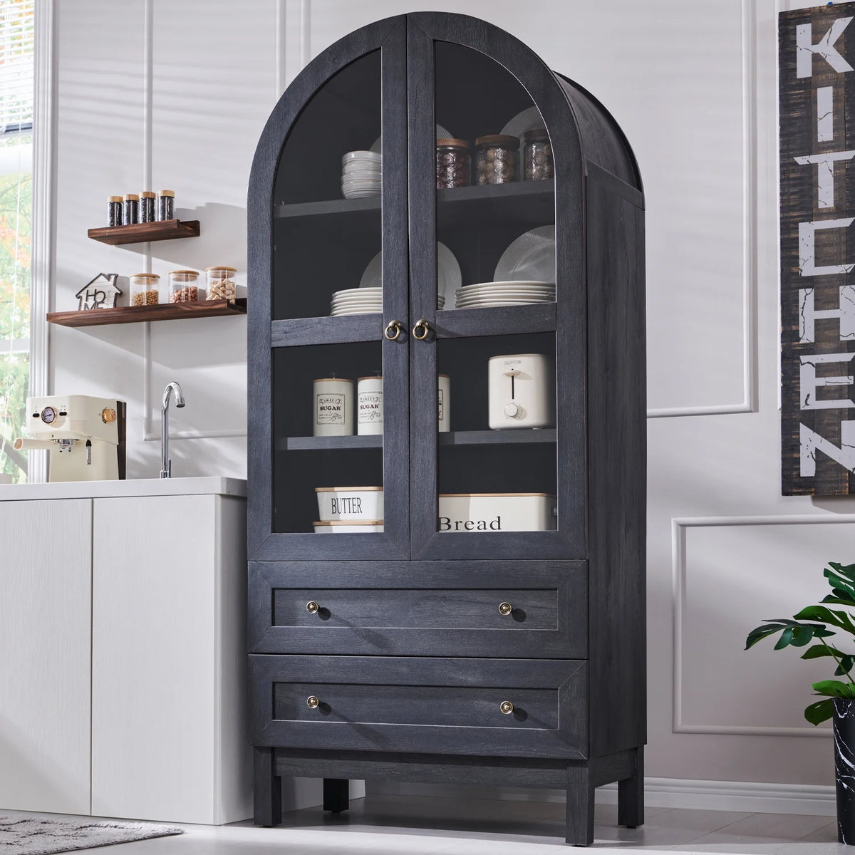 SinCiDo Arched Kitchen Pantry Storage Cabinet, 71-Inch Tall Wood Adjustable Shelves, 2 Doors, 2 Drawers