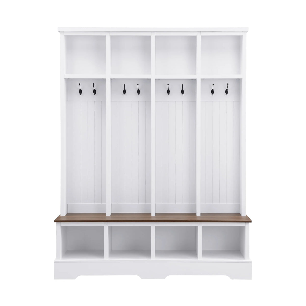Euroco Farmhouse 59"W Wide Hall Tree with 8 Hooks, Practical Entryway Bench with Open Compartments, 76.7"H Modern 3-in-1 Wooden Style Coat and Shoe Rack for Mudroom, Living Room, Green