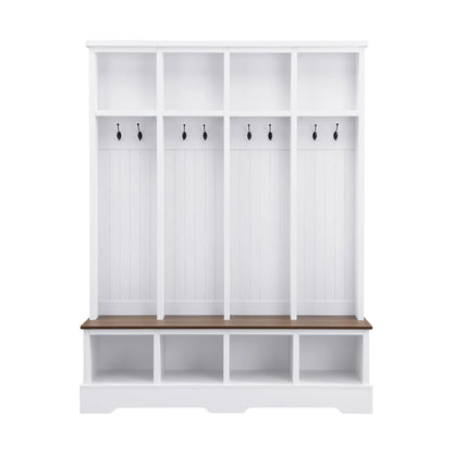 Euroco Farmhouse 59"W Wide Hall Tree with 8 Hooks, Practical Entryway Bench with Open Compartments, 76.7"H Modern 3-in-1 Wooden Style Coat and Shoe Rack for Mudroom, Living Room, Green