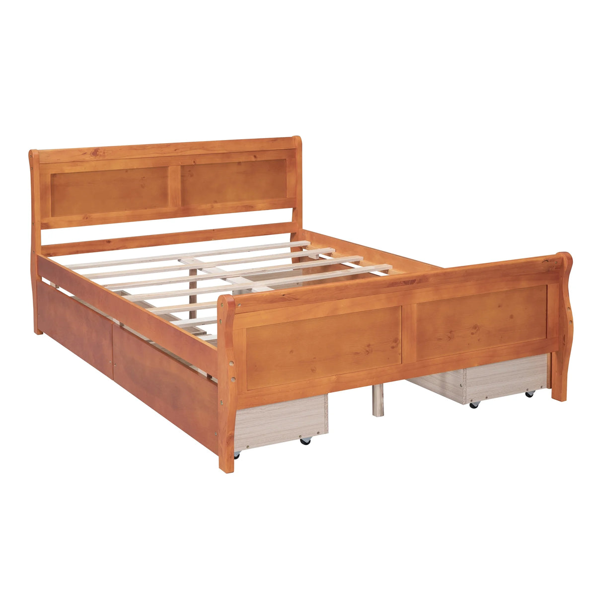 Full Size Wood Platform Bed with 4 Drawers,Storage Bed Frame with Streamlined Headboard and Footboard for Kids, Teens, Boys, Girls,Wooden Slats Support, No Box Spring Needed,Oak