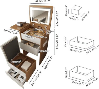 Vanity Desk with Flip Top Lighted Mirror, Compact Makeup Table with Storage Stool, Integrated Vanity with Drawers, 3-in-1 Vanity Set, Small Dressing Desk for Bedroom