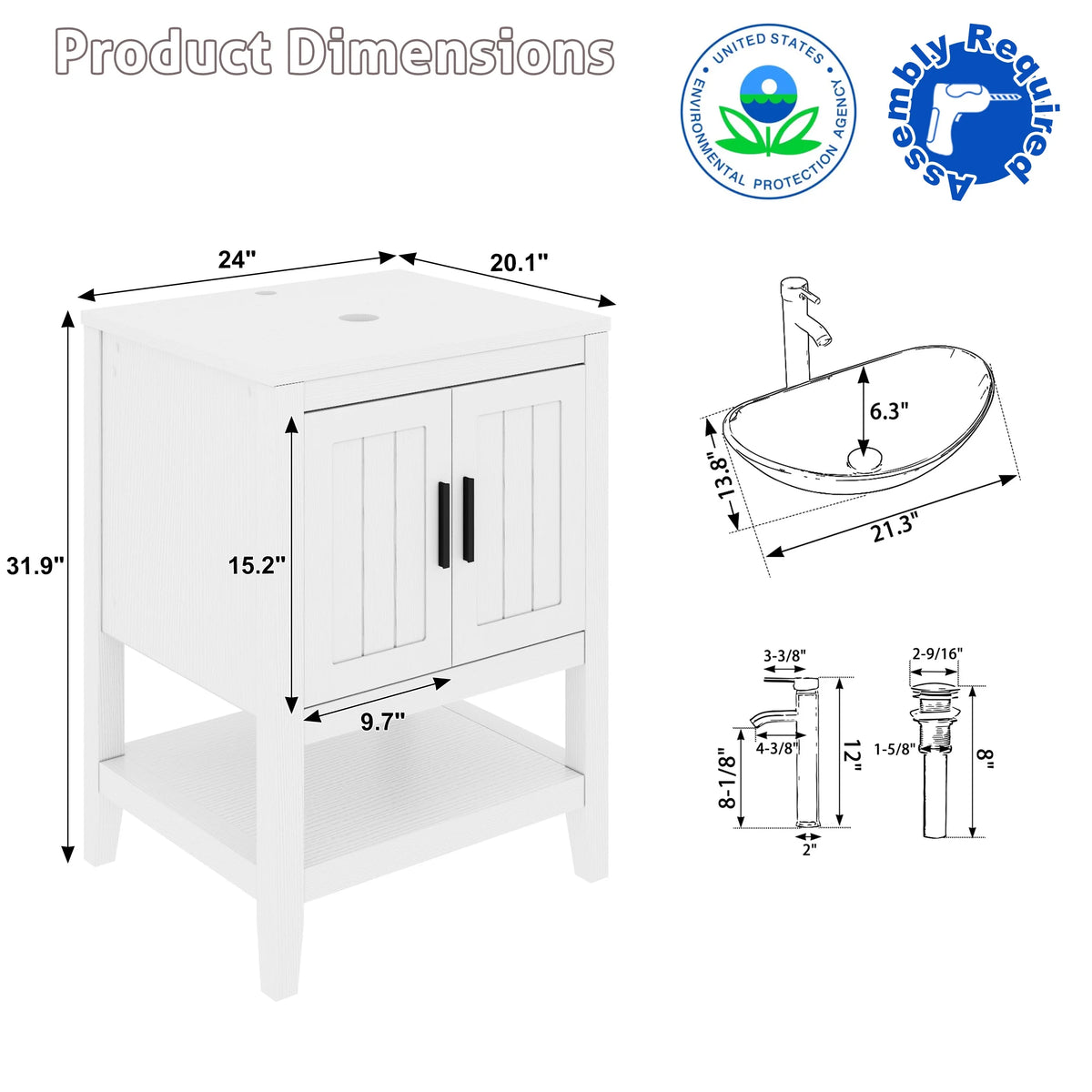 Eclife 24" Freestanding Bathroom Vanity Set with Vessel Sink, without Mirror
