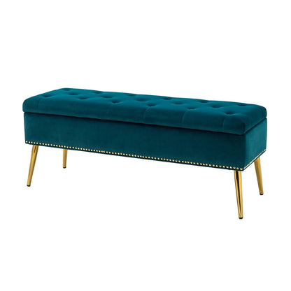 14 Karat Home Velvet Storage Ottoman Bench Gold Leg Upholstered Nailhead Trim Button Tufted Footstool Entryway Bedroom Living Room Pink