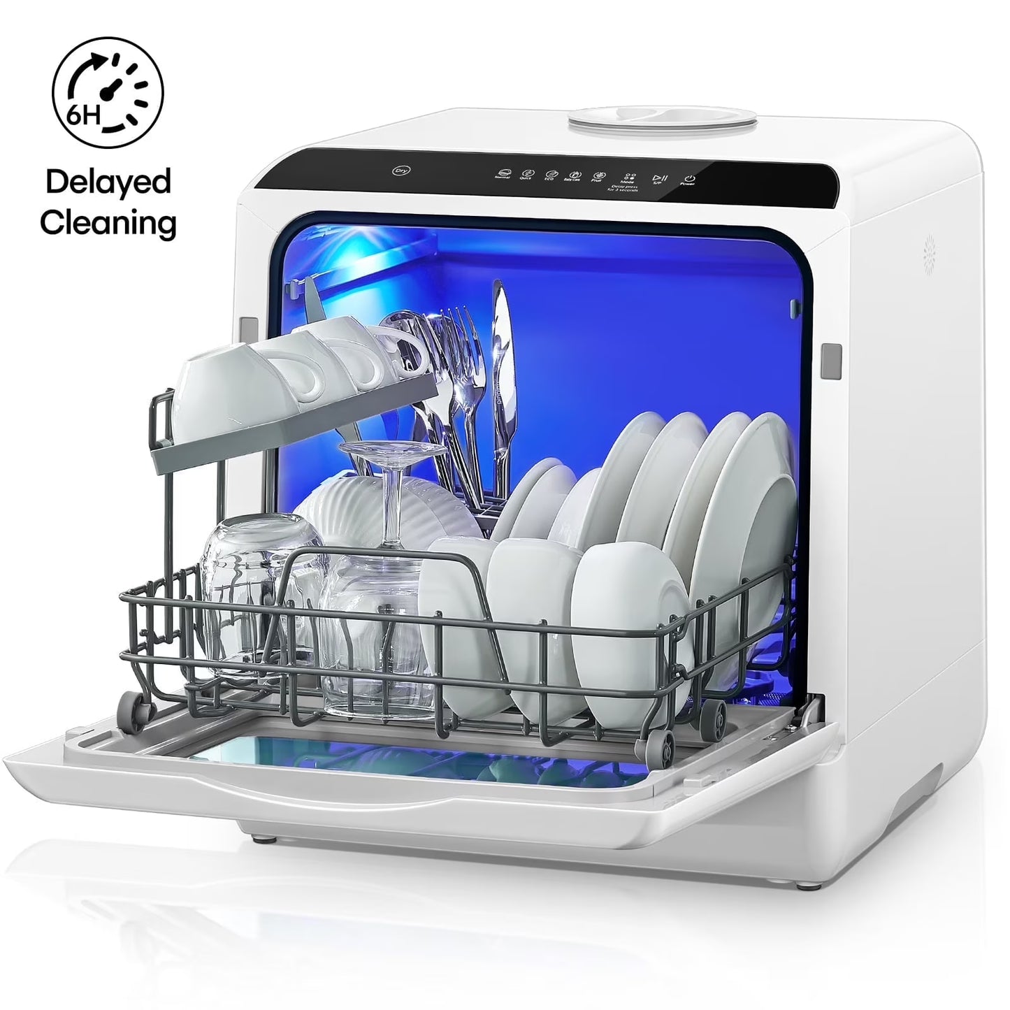 FOHERE Countertop Dishwasher with 6H Delay Cleaning, Portable Dishwasher w/5L Built-in Water Tank, 6 Programs, 360��Dual Spray, High-Temp