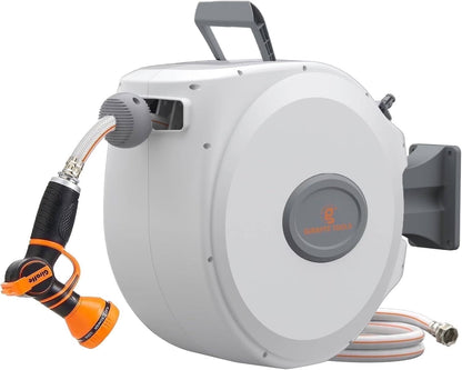 Giraffe Tools Retractable Garden Hose Reel with 1/2in-100ft Water Hose, Plastic Bracket, Wall Mounted, Dark Grey