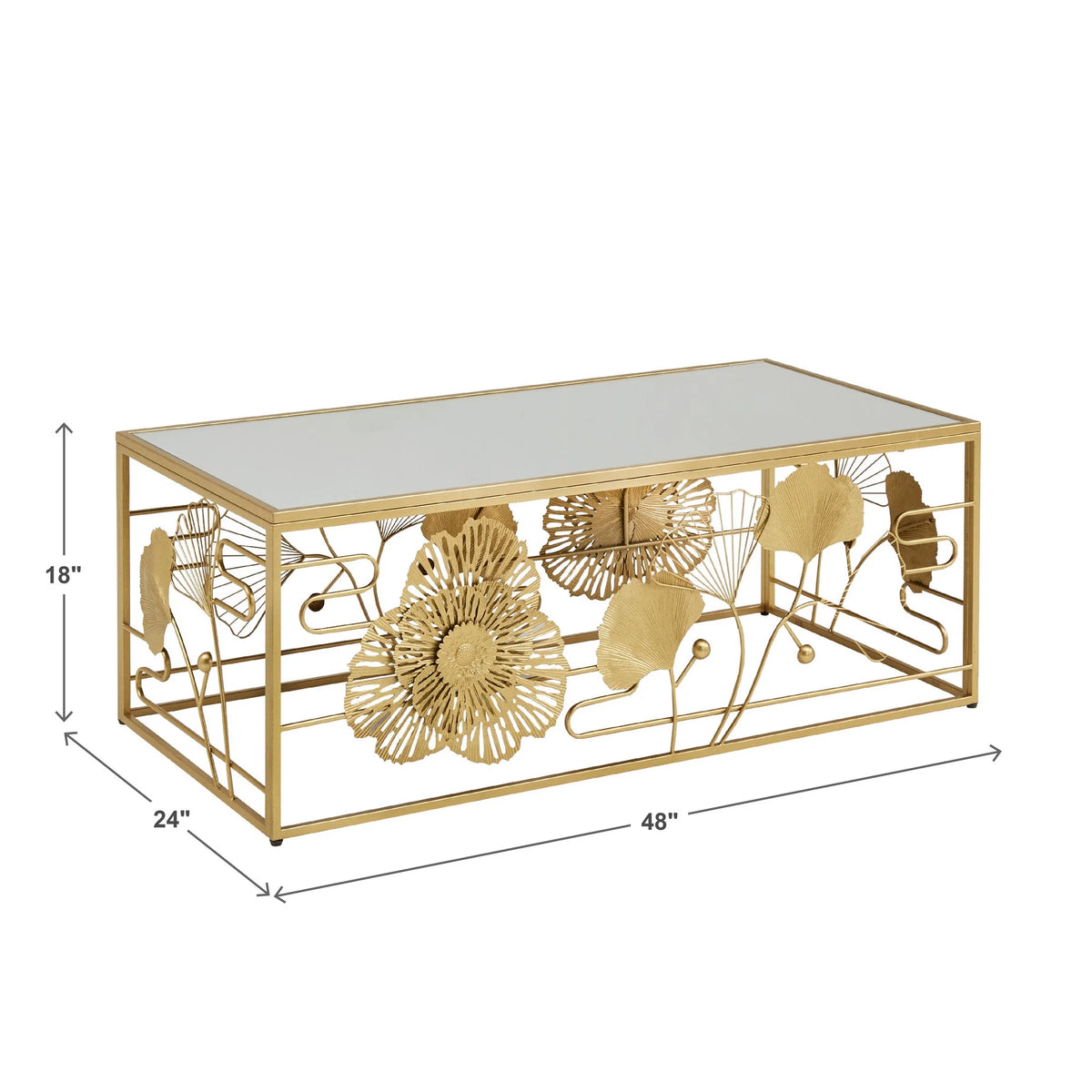 Weston Home Ditmas Glam Peony and Ginkgo Rectangular Coffee Table with Mirror Top, Gold