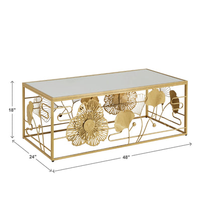 Weston Home Ditmas Glam Peony and Ginkgo Rectangular Coffee Table with Mirror Top, Gold