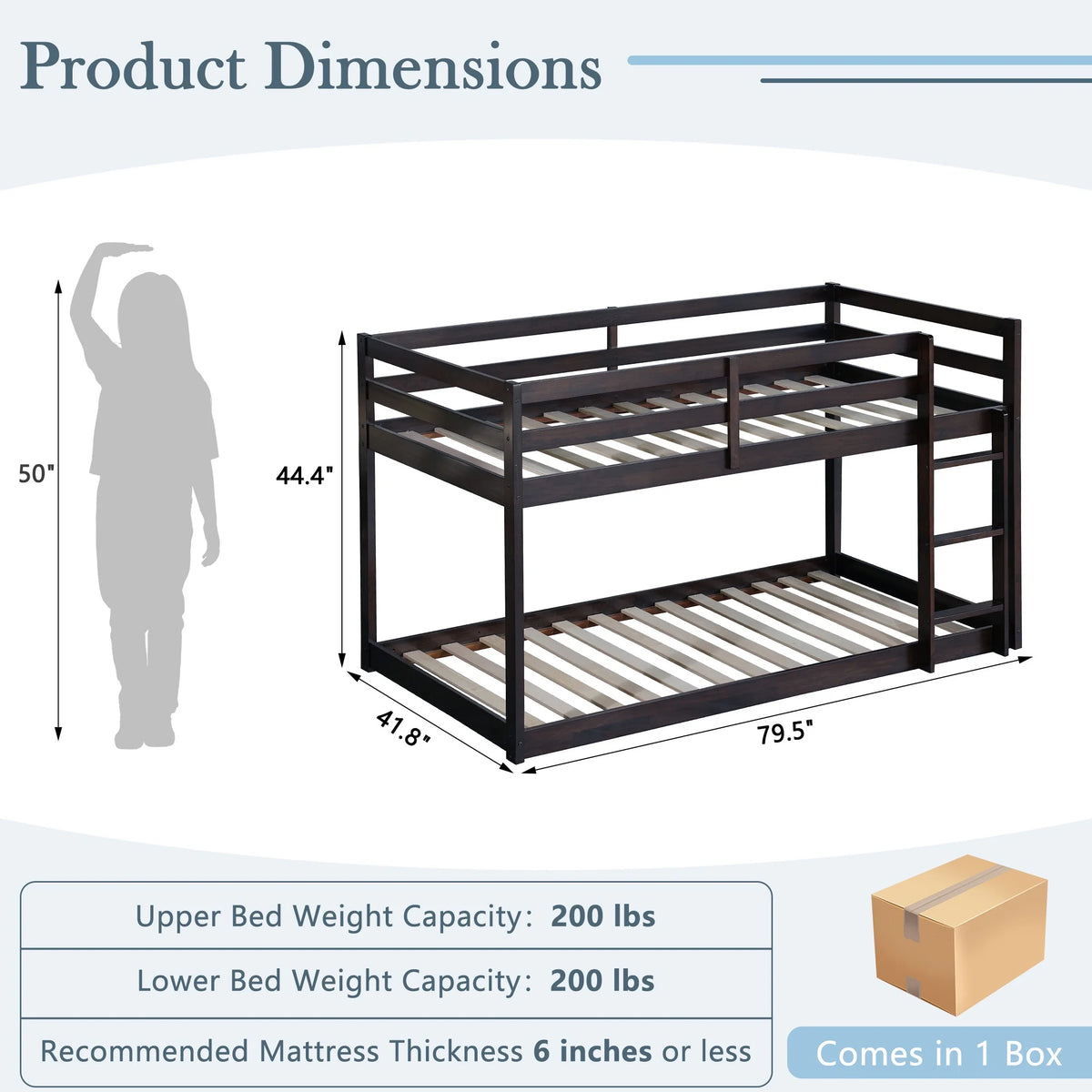 Twin Over Twin Floor Bunk Bed, UHOMEPRO Solid Wood Low Bunk Bed with Safety Rail, Ladder, Heavy Duty Bunk Beds, Space-Saving Bedroom Dorm Furniture, Gray