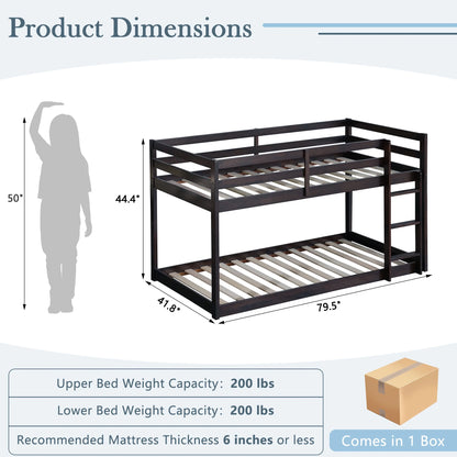 Twin Over Twin Floor Bunk Bed, UHOMEPRO Solid Wood Low Bunk Bed with Safety Rail, Ladder, Heavy Duty Bunk Beds, Space-Saving Bedroom Dorm Furniture, Gray