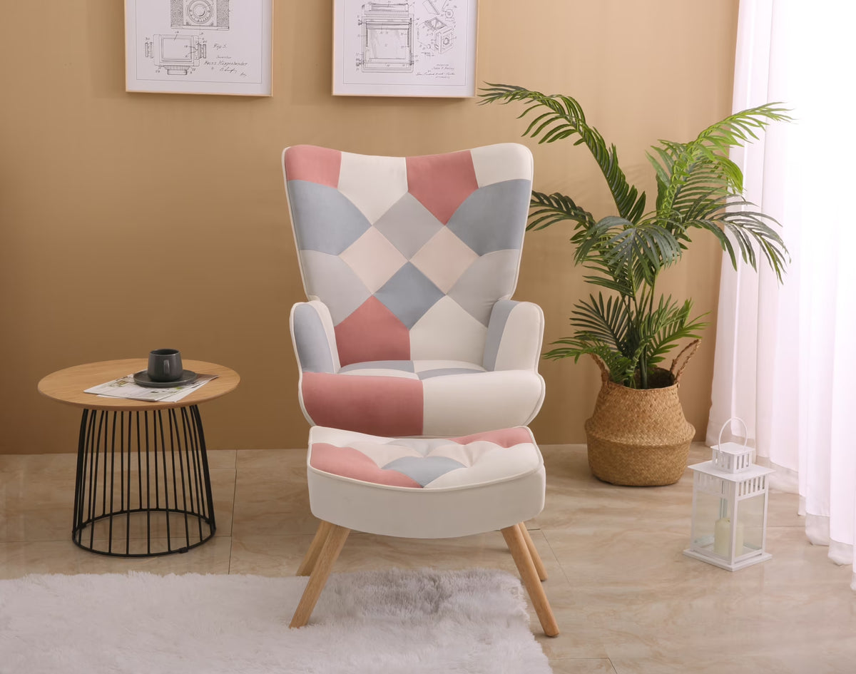 Modern Accent Chair with Solid Wood Legs and High Wing Backrest, Side Chair Set with Ottoman, Comfy Side Armchair for Living Room, Reading Room, Bedroom, Colorful Patchwork