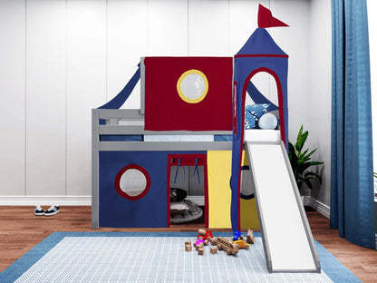 JACKPOT! Castle Low Loft Bed with Slide, Red Yellow and Blue Tent and Tower, Twin, Cherry
