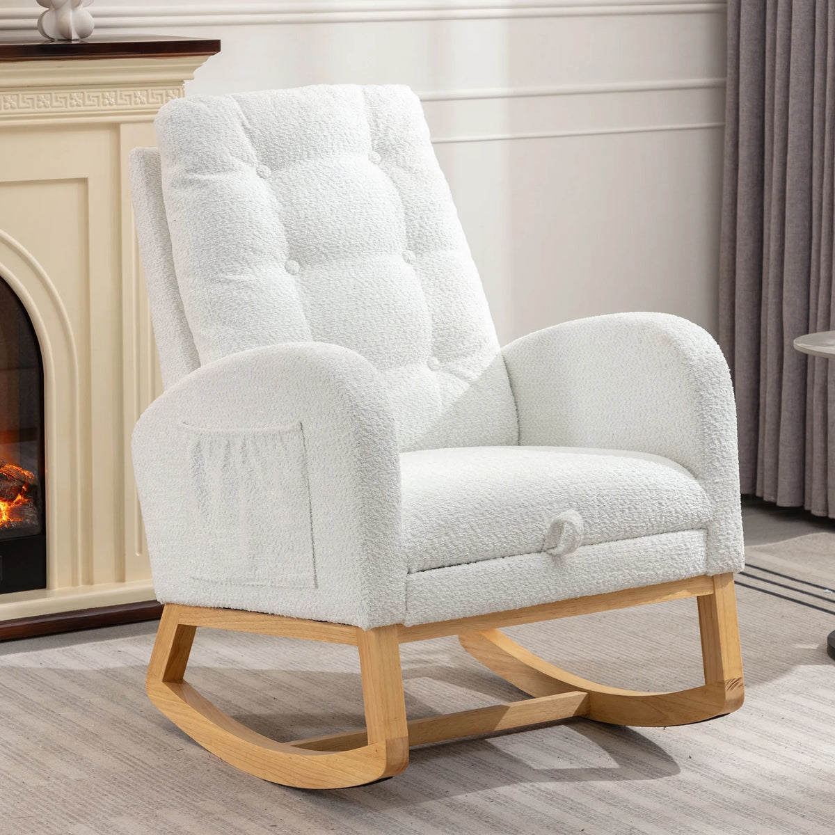 Modern Accent Rocking Chair with Pull-out Footrest,Nursery Glider Chair with Solid Wood Legs & Side Pocket,Upholstered Lounge Chair with High Backrest,White