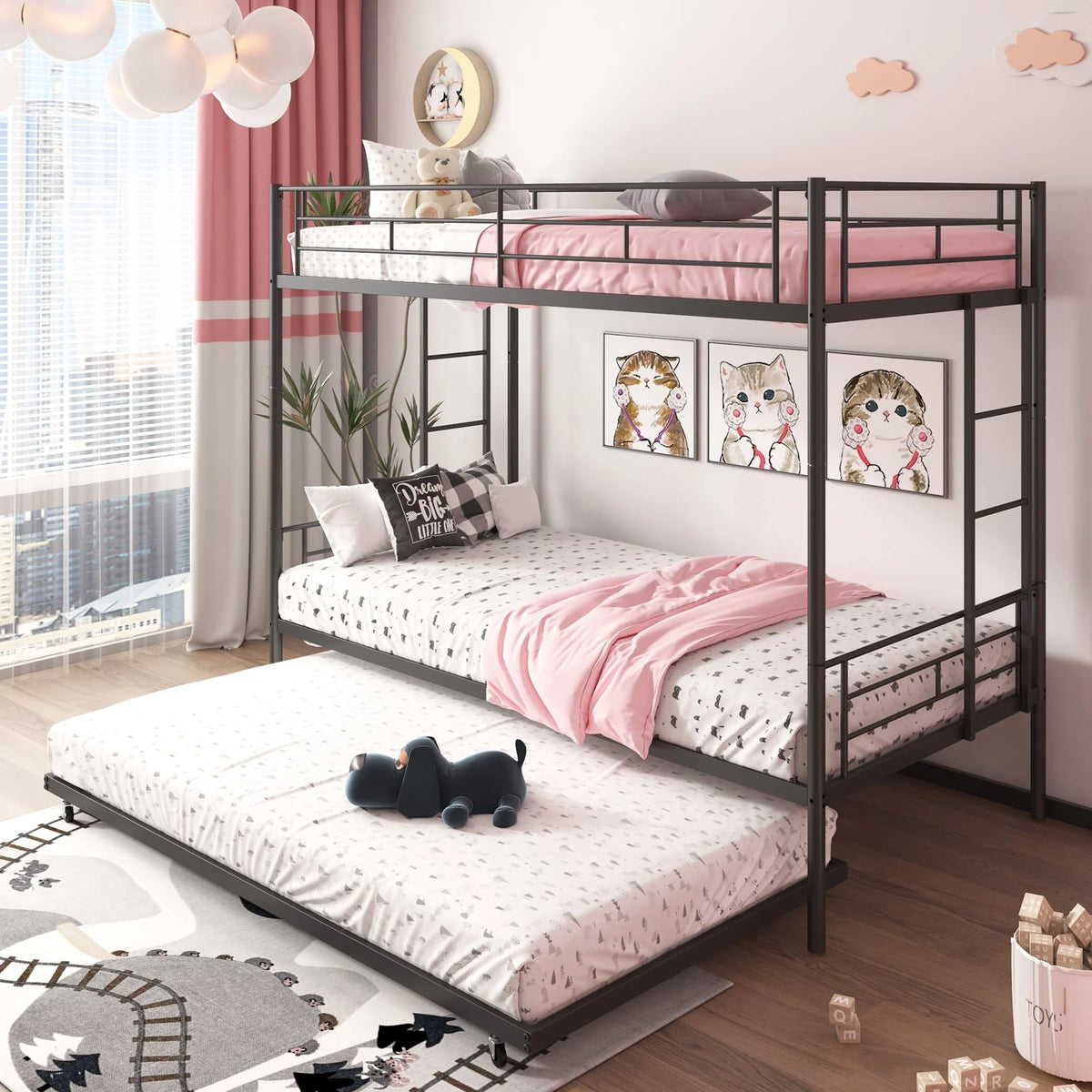 Seizeen Bunk Bed Twin Over Twin Size, Metal Triple Bunk Bed with Trundle, Black Heavy Duty Bunk Bed Frame Per Bed Up to 400LBS, 2 Side Ladders and All-round Safety Guard Rails