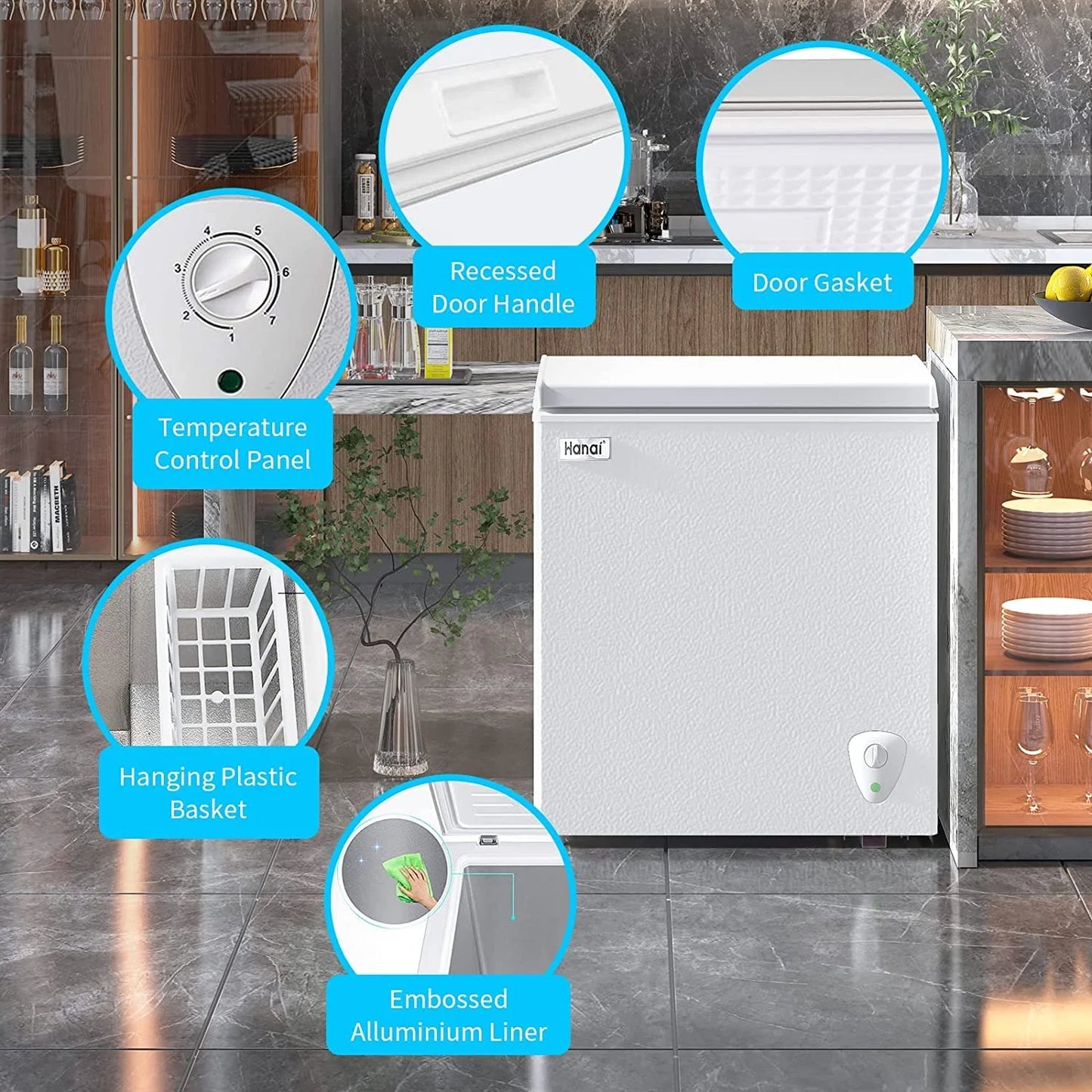 WANAI 5.0 Cubic Chest Freezer, Compact Deep Freezer with Top Open Door and Removable Storage Basket, 7 Gears Temperature Control, Energy Saving, for Office Dorm or Apartment