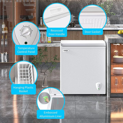 WANAI 5.0 Cubic Chest Freezer, Compact Deep Freezer with Top Open Door and Removable Storage Basket, 7 Gears Temperature Control, Energy Saving, for Office Dorm or Apartment