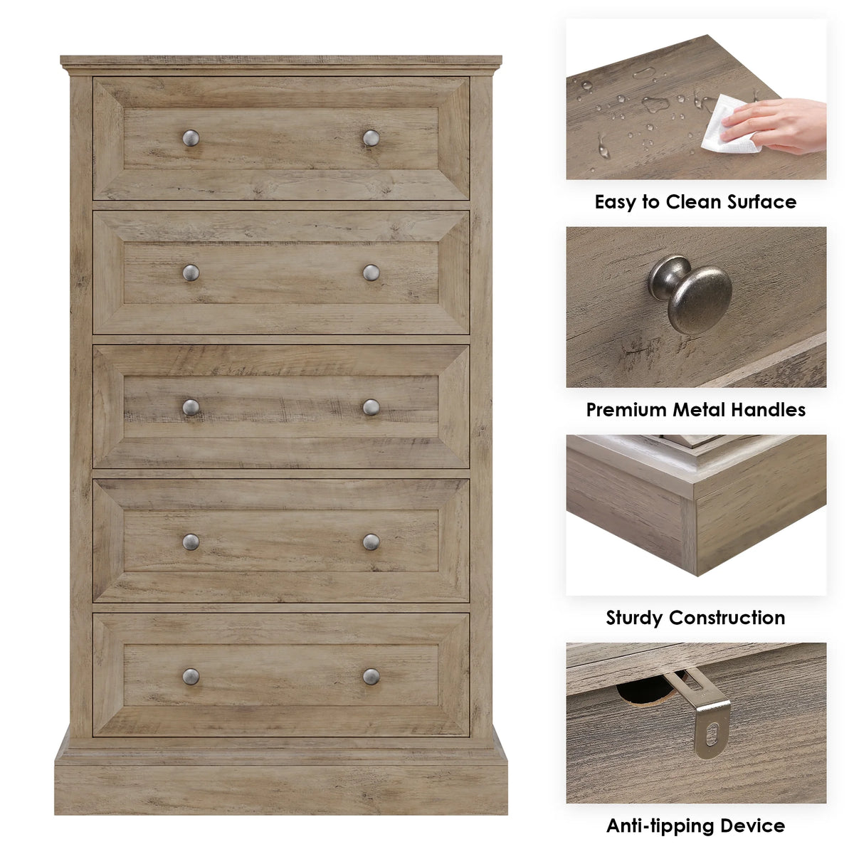 Homfa 5 Drawer Bedroom Dresser, Tall Wood Nightstand Storage Cabinet for Office Living Room,Gray