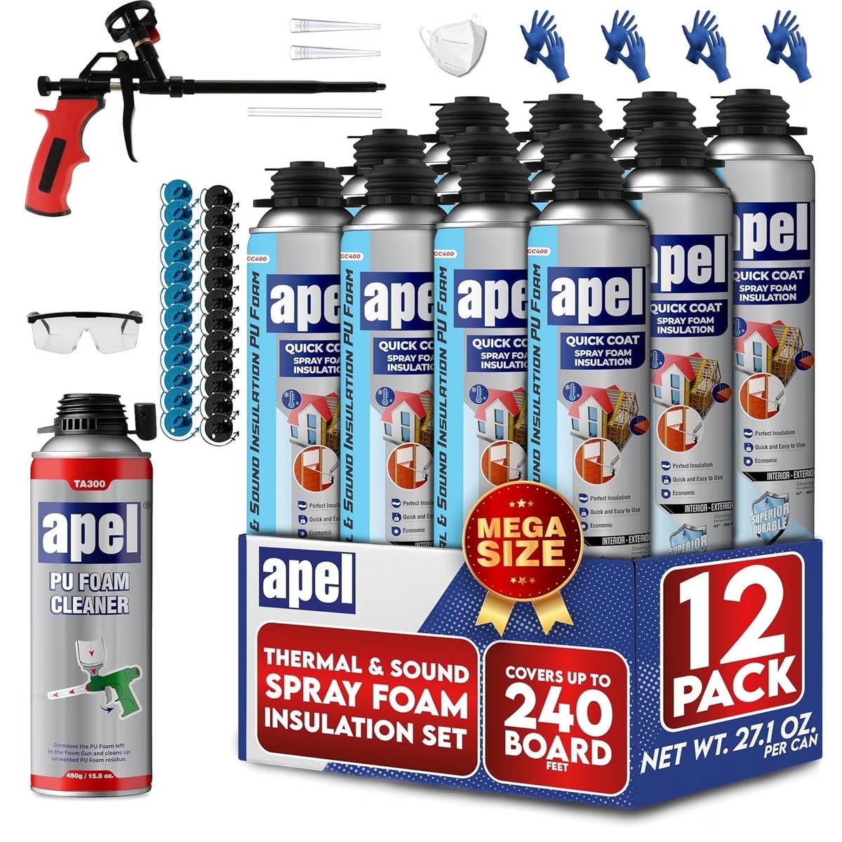 apel Spray Foam Insulation Kit (12 x 32.80 oz./240 Bd ft) Heat and Acoustic Insulation, Self Expanding Polyurethane Foam, Application Gun and Cleaner Included - 12 Pack