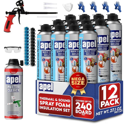 apel Spray Foam Insulation Kit (12 x 32.80 oz./240 Bd ft) Heat and Acoustic Insulation, Self Expanding Polyurethane Foam, Application Gun and Cleaner Included - 12 Pack