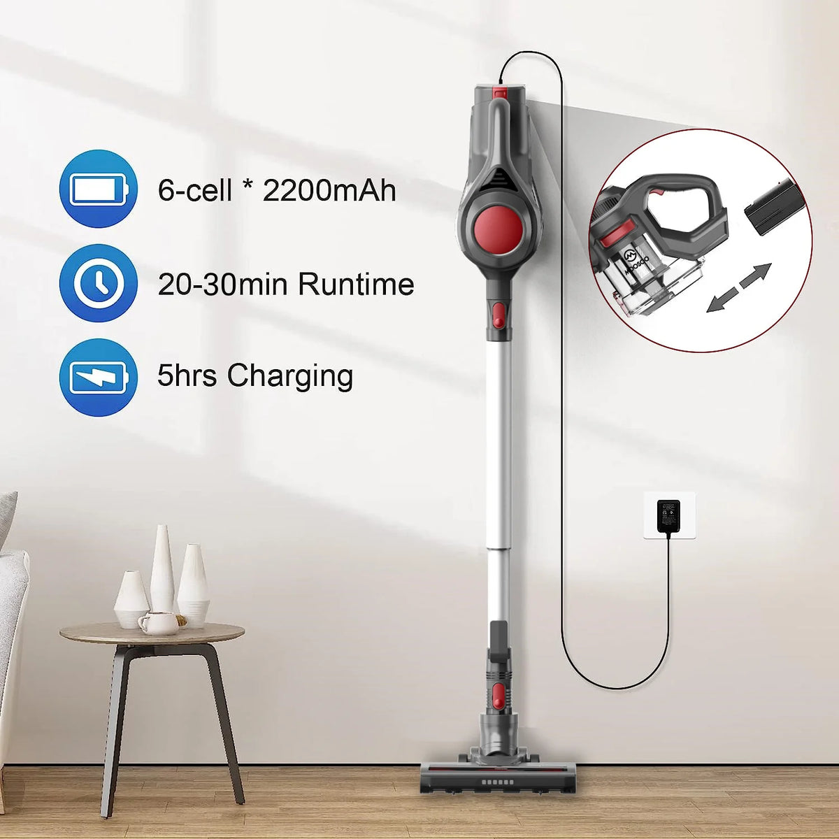 MOOSOO Stick Vacuum Cleaner, 4-in-1 Handheld Cordless Vacuum with Powerful Suction for Home Hard Floor Carpet Car Pet Hair, XL-618A