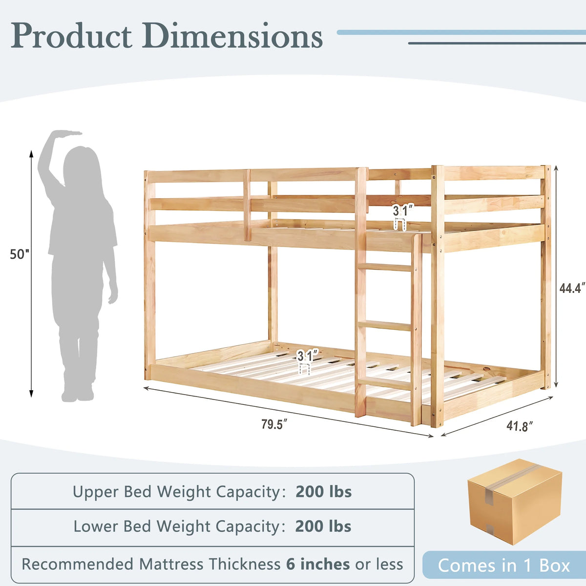 Twin Over Twin Floor Bunk Bed, UHOMEPRO Solid Wood Low Bunk Bed with Safety Rail, Ladder, Heavy Duty Bunk Beds, Space-Saving Bedroom Dorm Furniture, Gray