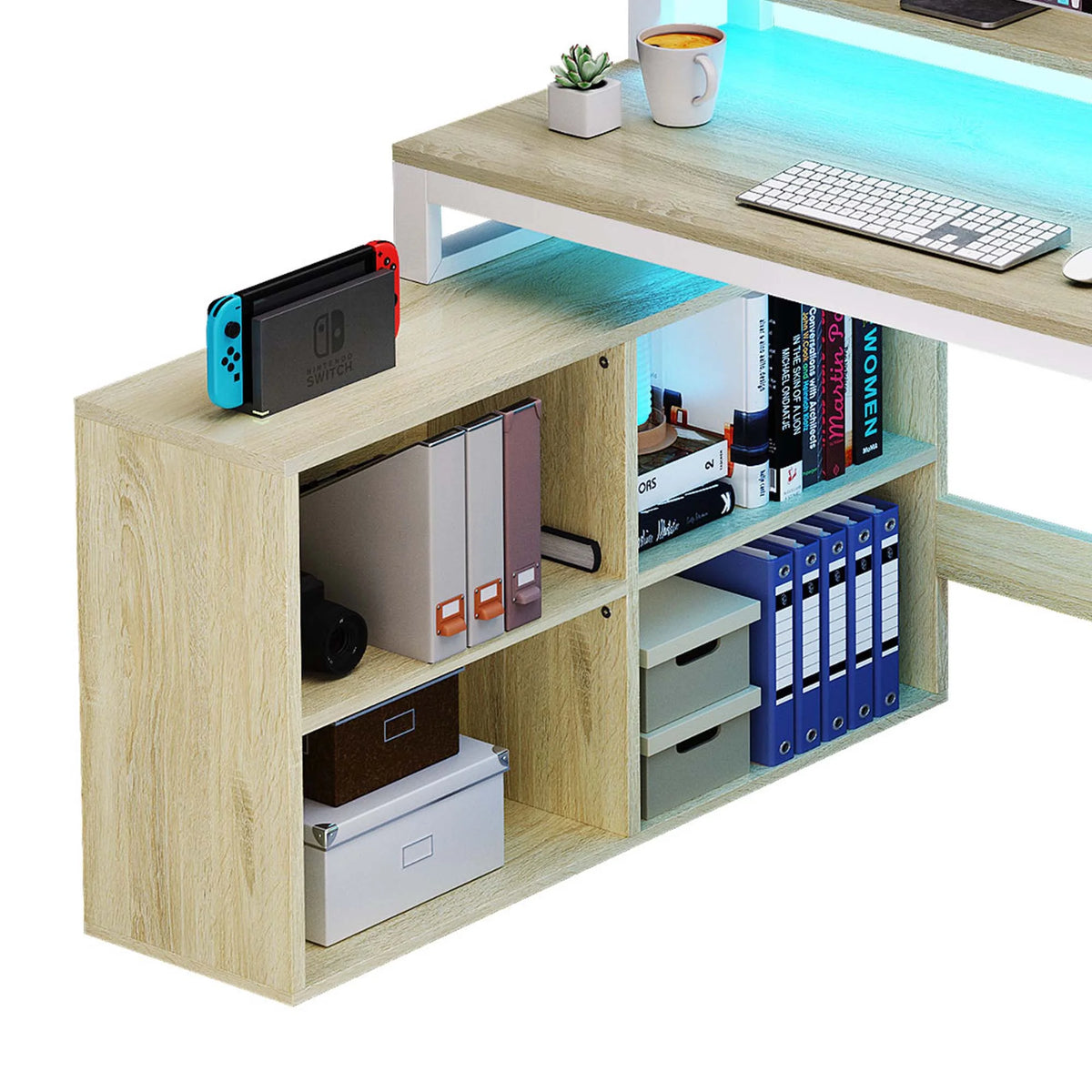 Dextrus 65" L Shaped Desk with Power Outlets and Monitor Stand , Computer Desk with LED Light &File Cabinet, Corner Desk with 3 Drawers & 4 Open Storage Shelves, Modern Home Office Desk, White