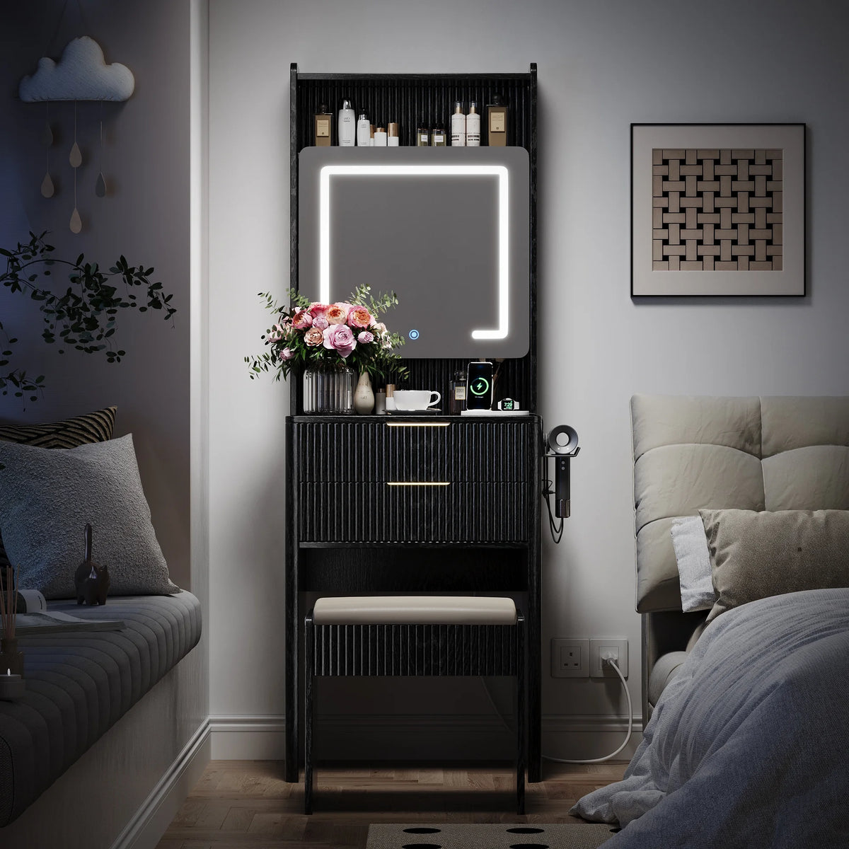 UGTOO 45.2" Modern Vanity Desk with LED Mirror & USB Charging, Wood Makeup Dressing Table with 7 Drawers for Bedroom