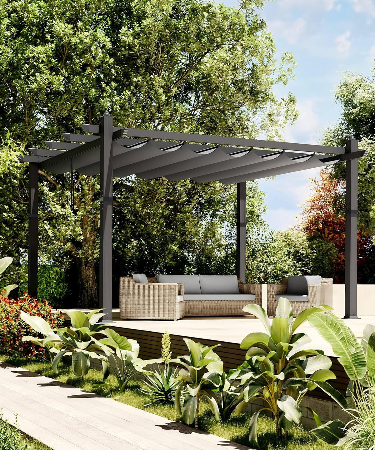 Outdoor Aluminum Pergola with Retractable Canopy, Reinforced 4-Sided Base, Waterproof & UV-Resistant Adjustable Roof, Modern Design for Patio, Deck, Backyard, and Garden
