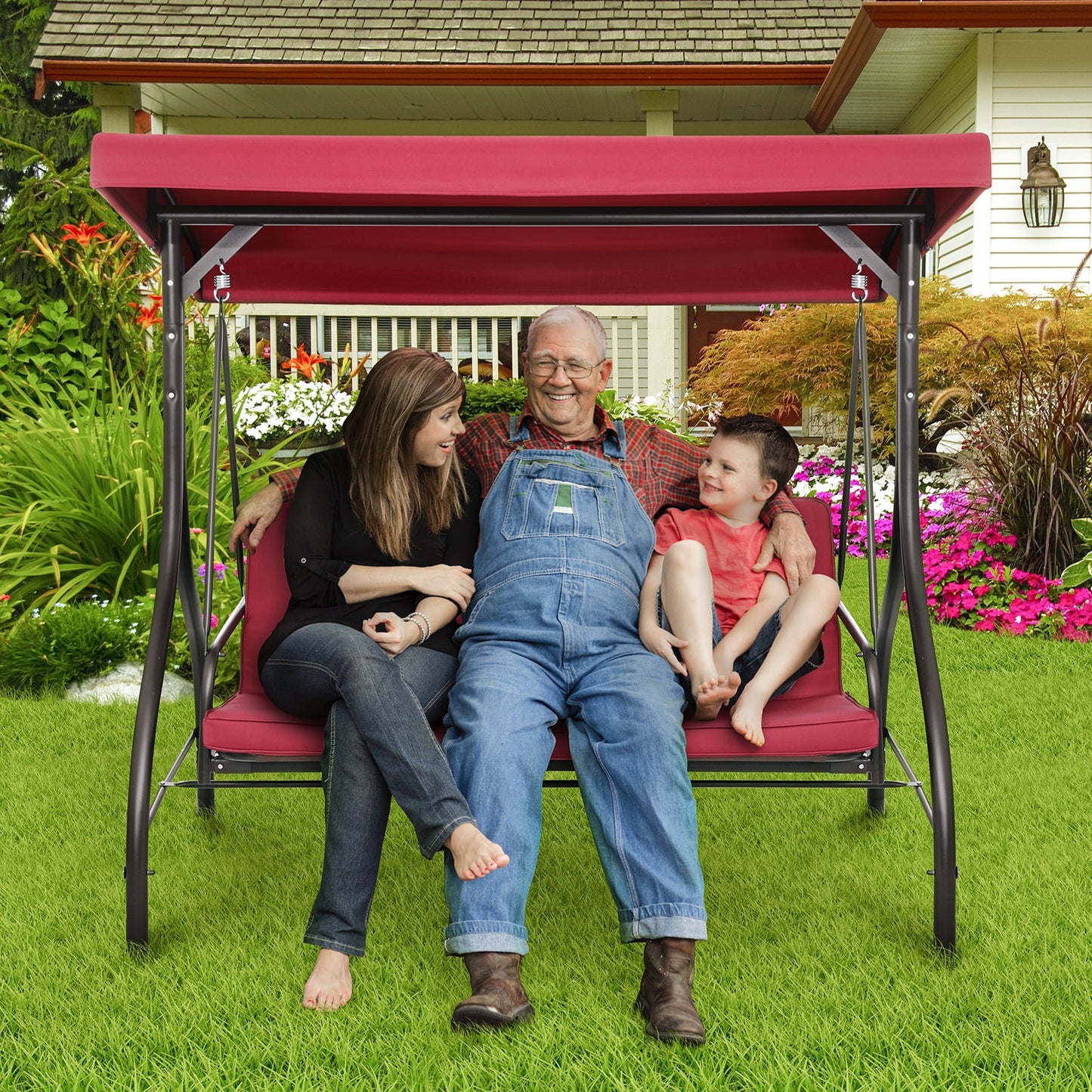 Arlopu 3 Person Porch Swing Outdoor Converting Canopy Swing Glider with Canopy
