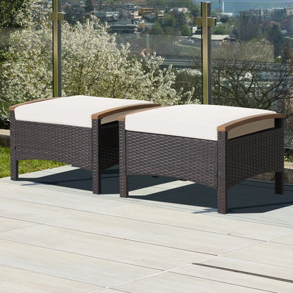 Costway Set of 2 Patio Rattan Ottoman Footrest Cushions Wooden Handle Beige