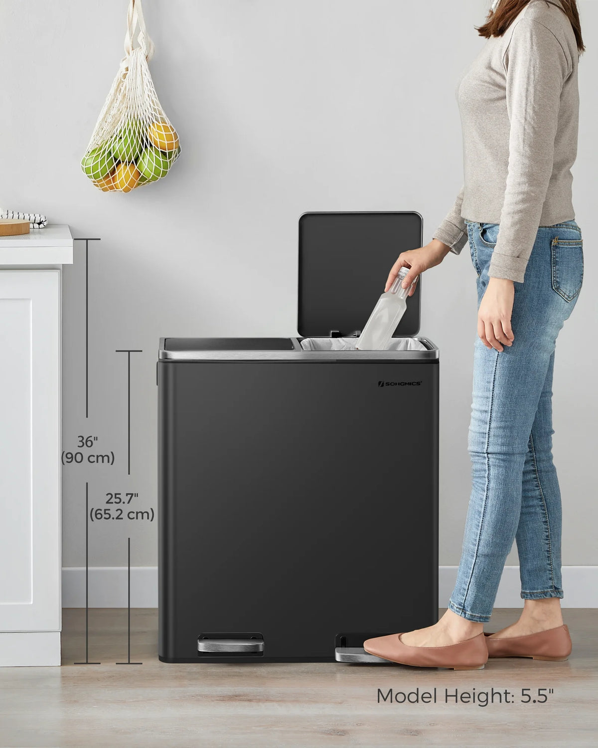 16 Gallon Dual Trash Can, Rubbish Bin and 15 Trash Bags, Metal, Almond Color