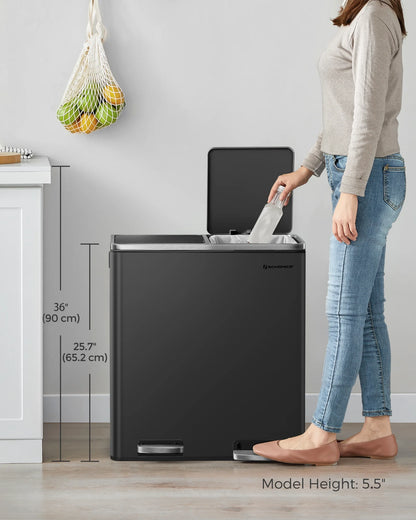 16 Gallon Dual Trash Can, Rubbish Bin and 15 Trash Bags, Metal, Almond Color
