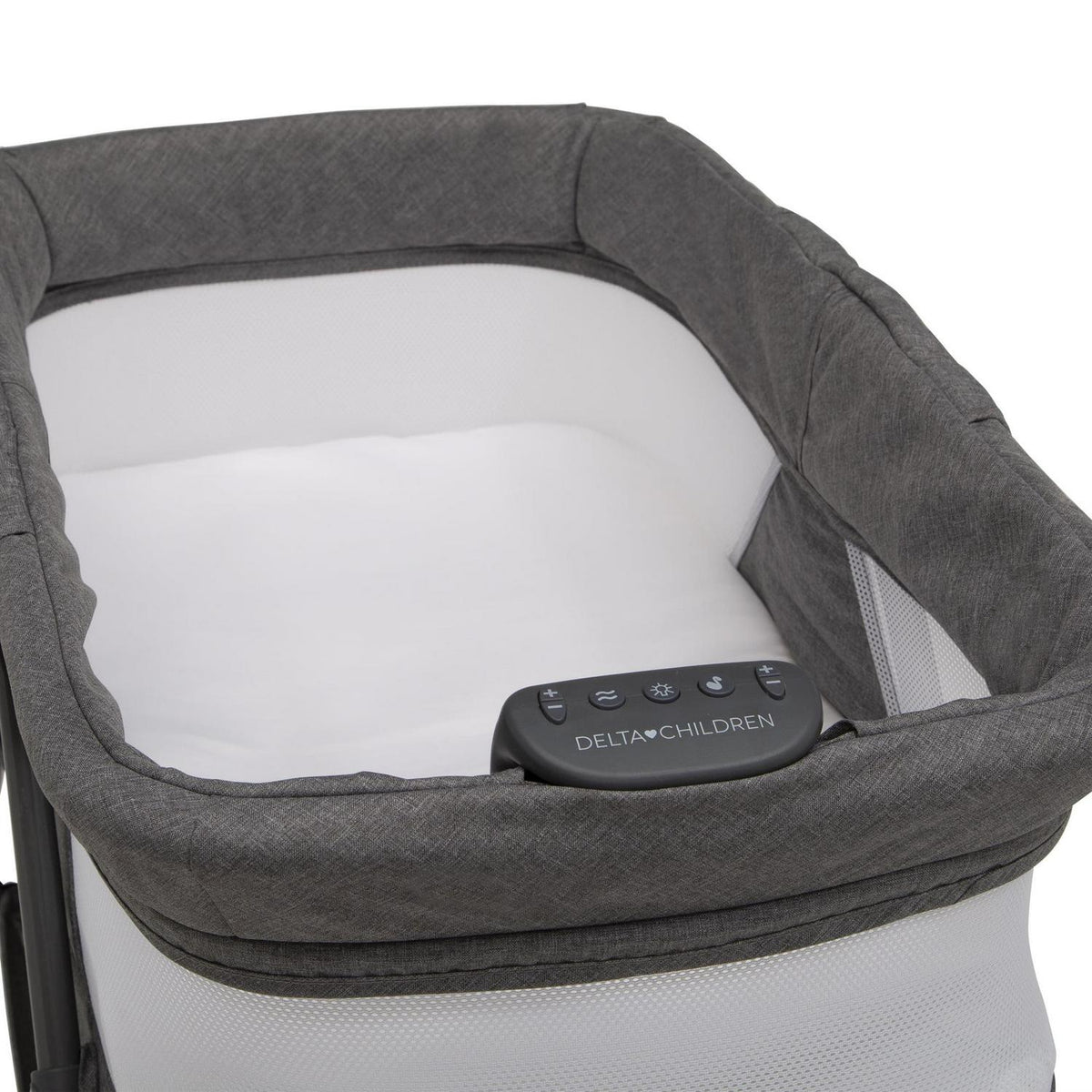 Delta Children TravelMate Compact Fold Bassinet - Features Lights. Sounds and Vibration. Grey Tweed