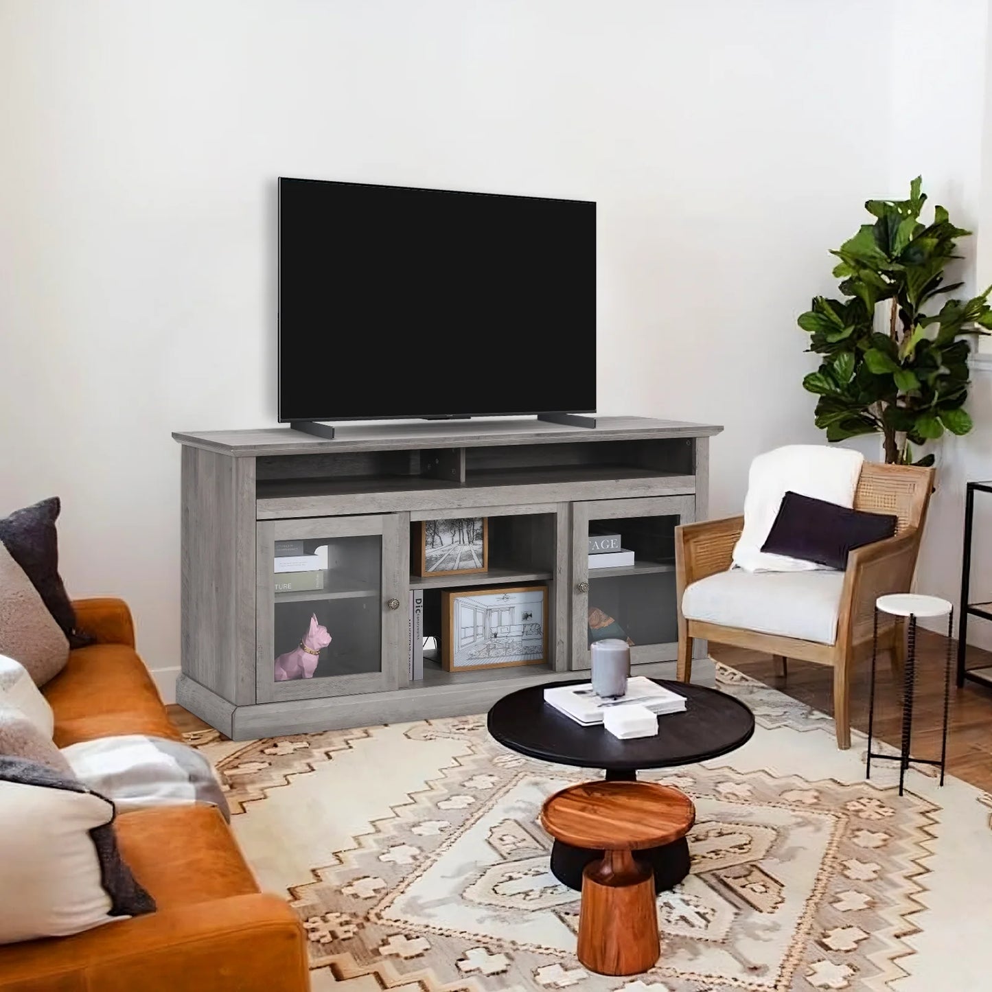 TV Stand for 65 Inch TV, Entertainment Center with Two Glass Barn Doors and Storage Cabinet Table, Farmhouse Style Media Console Table for Living Room(Coffee)