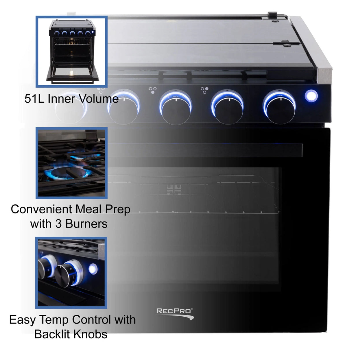 RecPro 21 Inch 3 Burner Propane RV Stove Gas Range without Hood, Black
