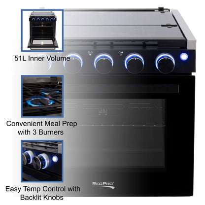 RecPro 21 Inch 3 Burner Propane RV Stove Gas Range without Hood, Black