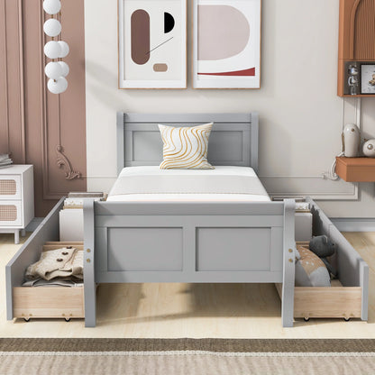 Full Size Wood Platform Bed with 4 Drawers,Storage Bed Frame with Streamlined Headboard and Footboard for Kids, Teens, Boys, Girls,Wooden Slats Support, No Box Spring Needed,Oak