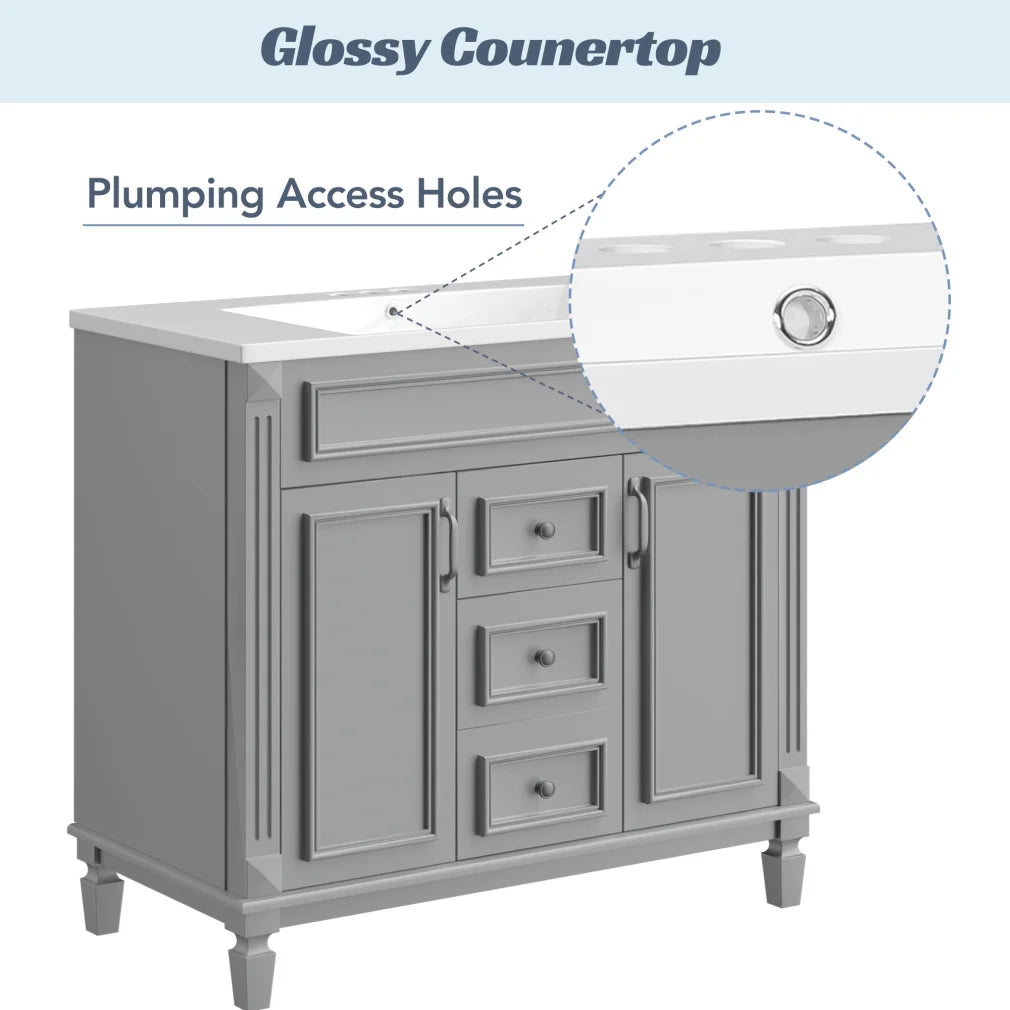 36'' Bathroom Vanity Set, Undermount Bathroom Cabinet and Mirror Cabinet, Ceramic Sink Top, Storage Cabinet with 2 Soft Closing Doors and 2 Drawers, Vanity Cabinet Set, Suit for 4'' Faucet, Gray