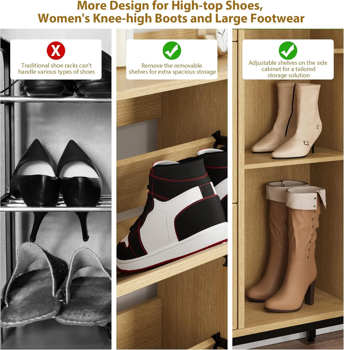 Garvee Rattan Shoe Storage Cabinet with Doors and 3 Flip Drawers, Freestanding Organizer with Adjustable Shelves for Entryway, Narrow Shoe Rack Cabinet for Hallway, Easy Assembly, Oak Color